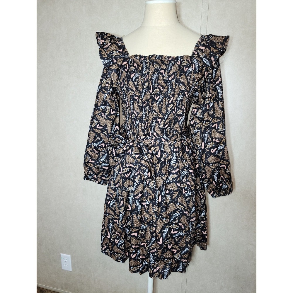 &Merci Black/brown Square Neck Ruffle Dress Sz: Large Long Sleeve Smocked Bodice